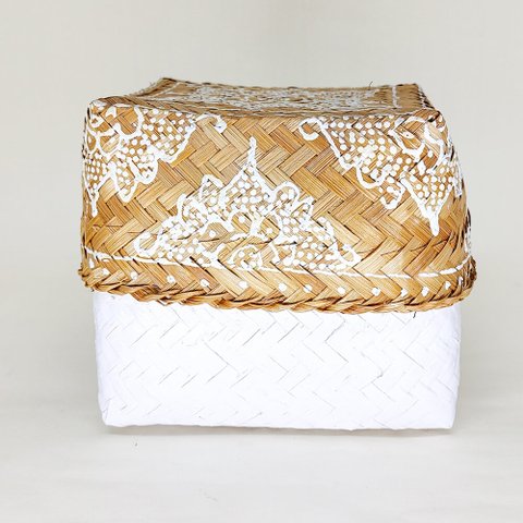Cesto Quadrado Palha Branco com Tampa:M