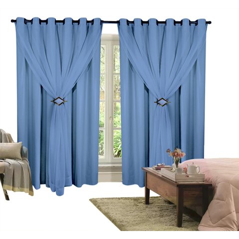 Cortina Corta Luz 3,00m X 2,30m 100% Blackout Com Voil Azul Para Sala Ou Quarto Varão Simples