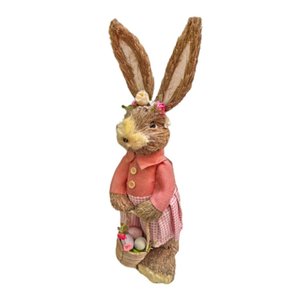 Coelha Palha com Vestido Rosa e Cesta de Ovos e Flores