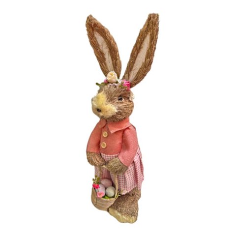 Coelha Palha com Vestido Rosa e Cesta de Ovos e Flores
