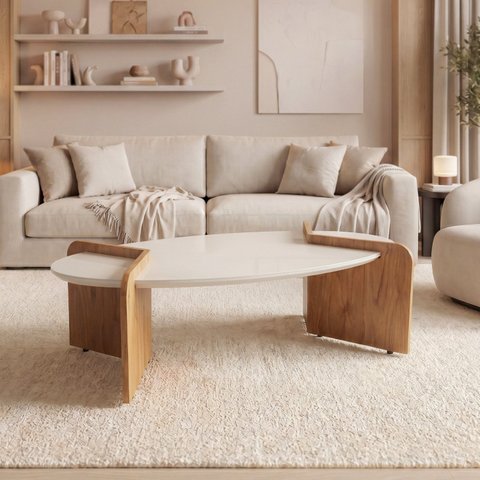 Mesa de Centro Tampo Off White 120x60cm e Pés Laminados Cinamomo Creta