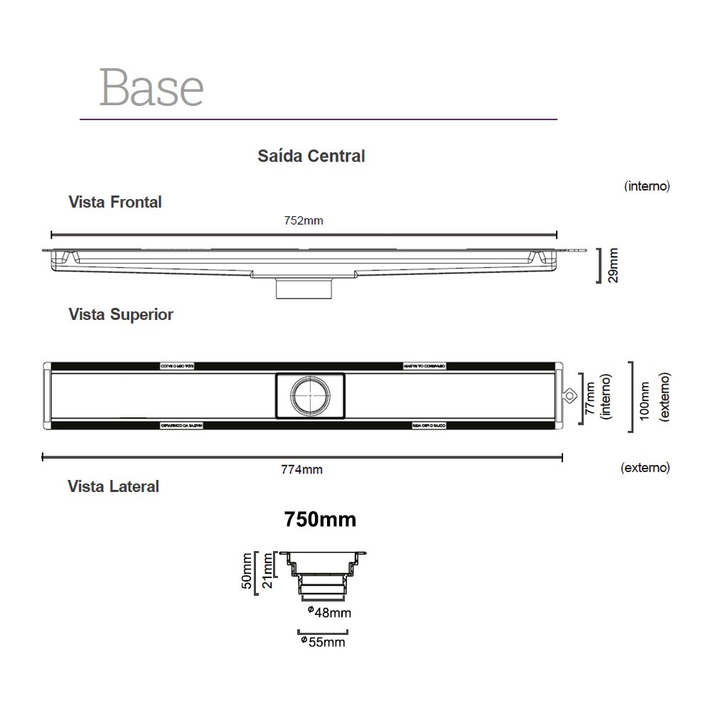 Ralo Linear Elleve Versatile 8931 75cm Saída Central com Tampa Oculta Oculta 8931 - 3