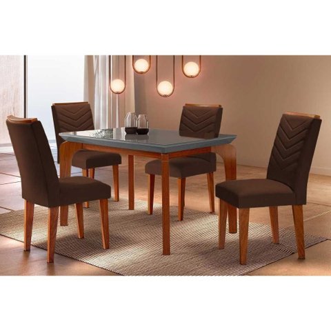 Conjunto: Mesa de Cozinha Londrina C/ Tampo Madeirado C/ Vidro Canto Reto 120x80cm e 4 Cadeiras
