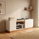 Ver imagem 1 de Rack MDF 130cm 3 Portas e Nicho Central Sala Branco/Amadeirado