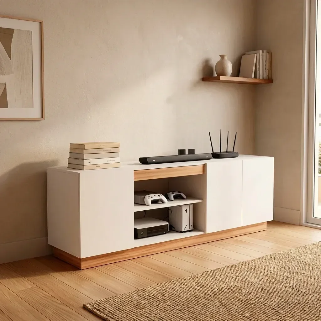 Rack MDF 130cm 3 Portas e Nicho Central Sala Branco/Amadeirado