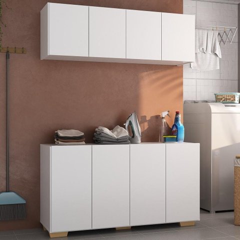 Conjunto Lavanderia Multiuso Armário Aéreo e Balcão 4 Portas Multimóveis Mp5054 Branco/natural