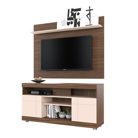 Conjunto Bancada Aporé com Painel Buriti Natura Real/ Off White para TV 55 Polegadas - Bela Móveis
