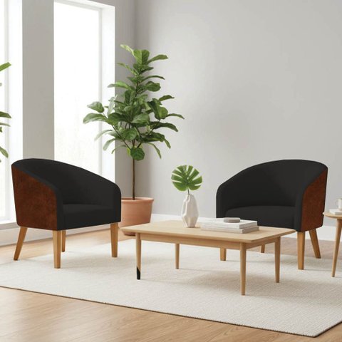 Poltrona Sala Decorativa Kit 2 Stella Pé Madeira Trapézio Castanho Sintético Pu Nozes/linho Preto D0