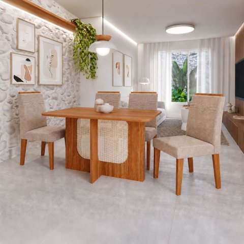 Sala de Jantar 4 Lugares 130 cm Hazel Cinamomo/Linho Bege - Panorama Móveis