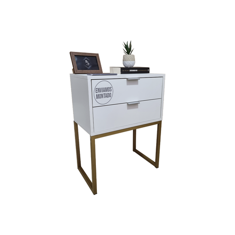 Mesa de Cabeceira Branca 50cm 2 Gavetas Mdf Quarto Cama Eco - Base Dourada - Puxador Prata-(montado)