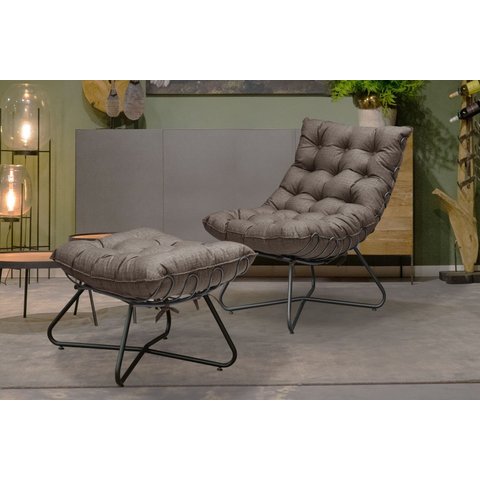 Poltrona Costela com Puff Eva Base Metal Preto - Linho Marrom