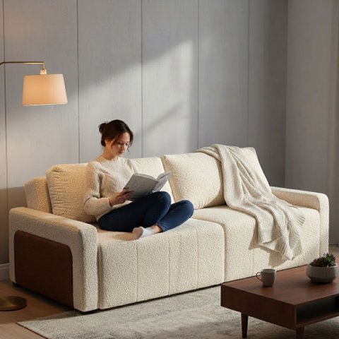 Sofá Cama Dublin, 2,10m Retrátil e Reclinável, Tecido Bouclé, Cru Molas Ensacadas,