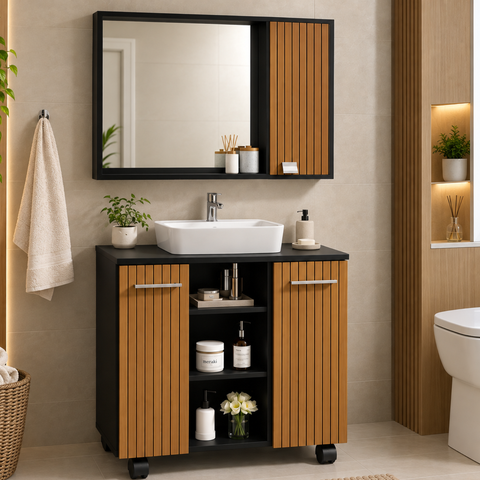 Kit Banheiro Gabinete Premium Pia de Coluna Espelheira Cannes - Preto/Ripado