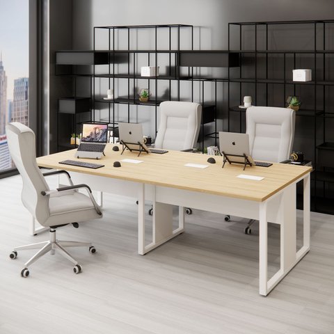 Plataforma de Trabalho 4 Lugares Mac Bra 2,40m Pés Metal F5 Cor:macadamia com Branco