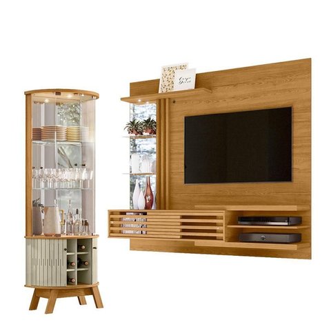 Estante Home Theater Bancada Suspensa Frizz Supreme Cumaru com Cristaleira Marina Cumaru Opala - Mad