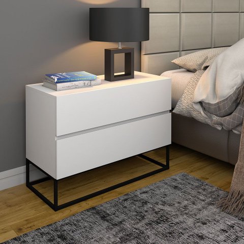 Mesa de Cabeceira Moderna com 2 Gavetas para Cama Casal com Pés de Ferro Estilo Industrial Preto