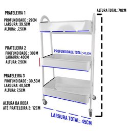 Carrinho Organizador 3 Andares Multiuso Porta Volumes Rack Prateleira Rodas Rodinhas Casa - 7