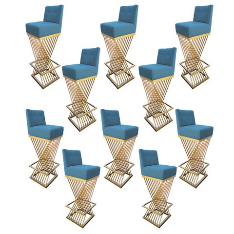 Kit 10 Banquetas Luma Base de Ferro Sued Azul Tiffany - D'classe Decor