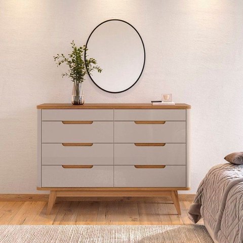Cômoda 8 Gavetas com Organizador Tampo e Base de 2,5cm Vicenza Bege/Off White/Cedro