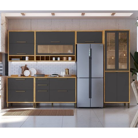 Cozinha Completa Modulada 100% MDF 6 Peças 12 Portas 4 Gavetas e Vidro 354cm Vicenza Espresso Móveis Cinza/Amêndoa/Chumbo