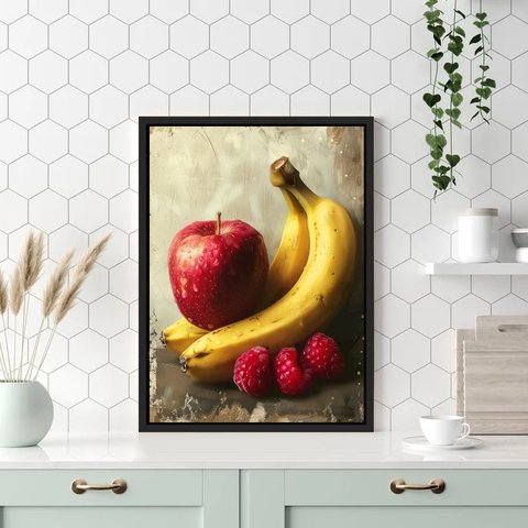 Quadro para Cozinha Arte Maçã e Banana 33x24cm:moldura Preta