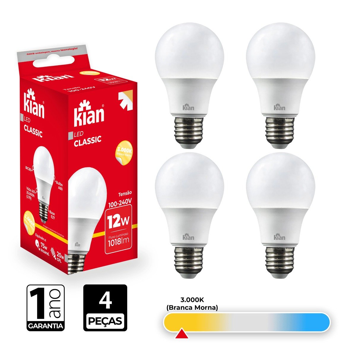 Lâmpada Led Bulbo Kian 12w 3000k Branca Morna 4 Peças - 2