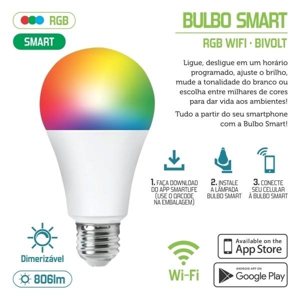 Lâmpada Inteligente Bulbo Smart Rgb Wi-Fi 10W Bivolt E27 - 2
