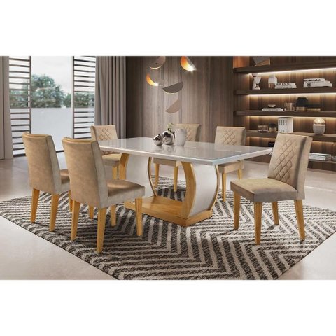 Conjunto: Mesa de Cozinha Jade Tampo Madeirado C/ Vidro Canto Curvo 180x90cm e 6 Cadeiras Jade