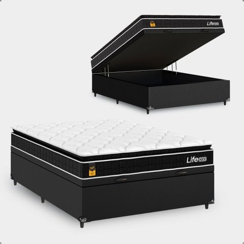 Cama Box Baú Viúva Couro Preto + Colchão Life D33 Pillow Top 61x128x188cm Preto - e-Shop Casa