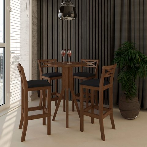Kit Bar Bistrô Mesa Retrô 4 Banquetas Alta X Madri Madeira Maciça Pinhão Suede Preto - CCS
