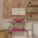 Ver imagem 1 de GABINETE DE VIDRO 40CM AC COM CUBA OVAL ROSA + TORNEIRA METAL