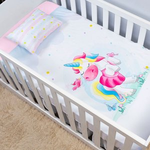 Jogo de Lençol de Berço Americano 3 Peças Infantil Estampado Fronha Elástico Menino Menina Unicórnio