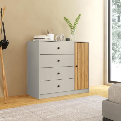 Cômoda Quarto 100cm 4 Gavetas 1 Porta com Puxador Metálico Cor:mel Off White