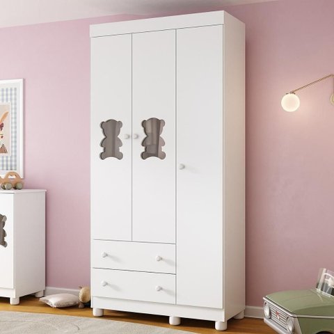 Guarda-roupa Infantil 92cm com Vidro 3 Portas e 2 Gavetas Fofura Multimóveis Mp4482 Branco Branco