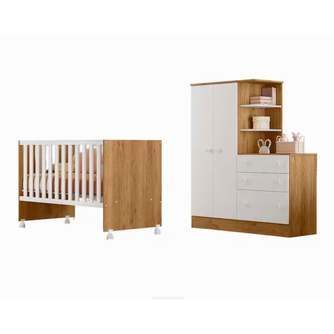 Jogo de Quarto Infantil Guardo Roupa Cômoda e Berço Doce Sonho Qmovi:Branco/Freijo