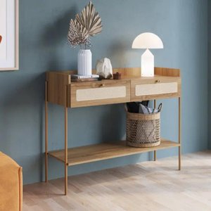 Aparador 2 Gavetas 103Cm Palhinha Pé Metal Oslo Artesano Dourado
