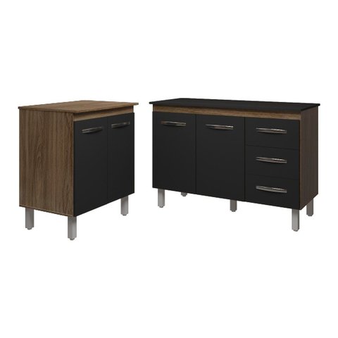 Balcão para Microondas ou Forno e Armário Bruna 118 Cm Cozinha Gabinete Savana Preto com Tampo Tampã