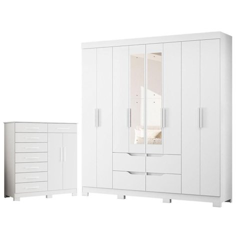 Guarda Roupa Casal com Cômoda Verona 8 Portas de Bater 4 Gavetas MDP Branco Albatroz Móveis