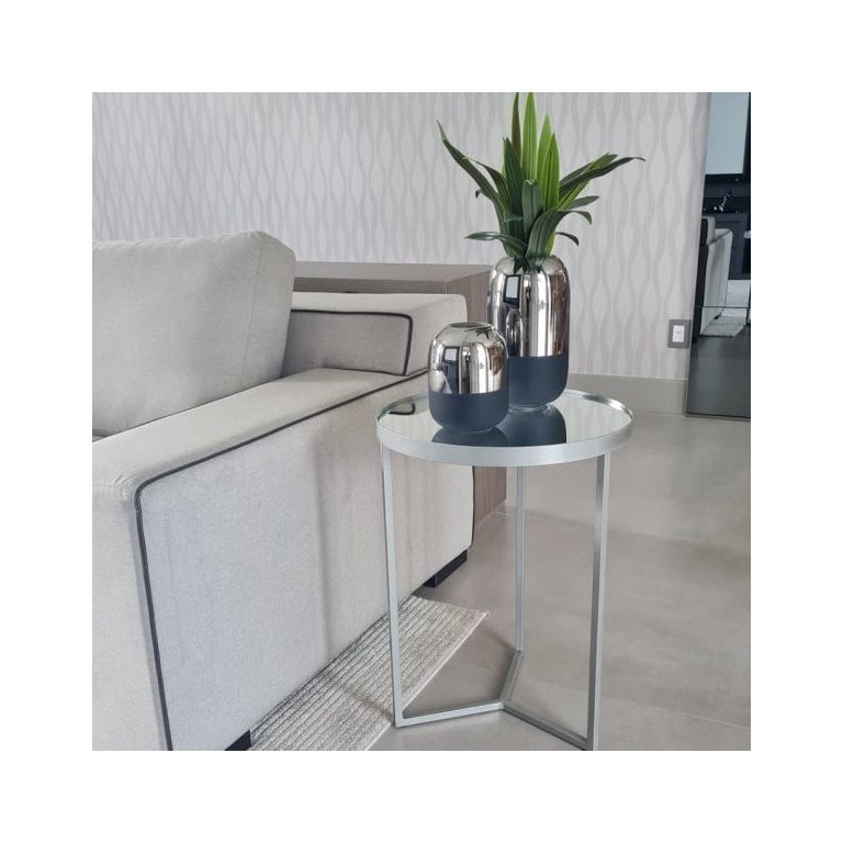 Mesa Lateral com Espelho - Mesinha de Apoio 60 x 45 cm Prata