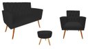 Ver imagem 1 de Kit Namoradeira + 1 Poltrona Decorativa Nina Capitonê + Puff Redondo Couro Preto Pés Madeira Ms Deco