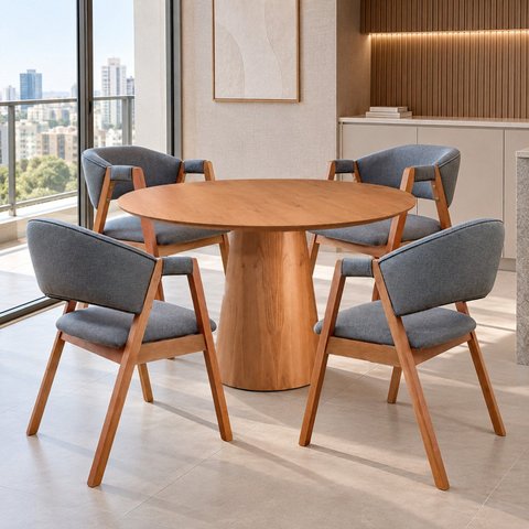 Mesa Base em Cone 90cm Redondo & 4 Cadeiras Lithi Linho Cinza-Escuro Design Sofisticado