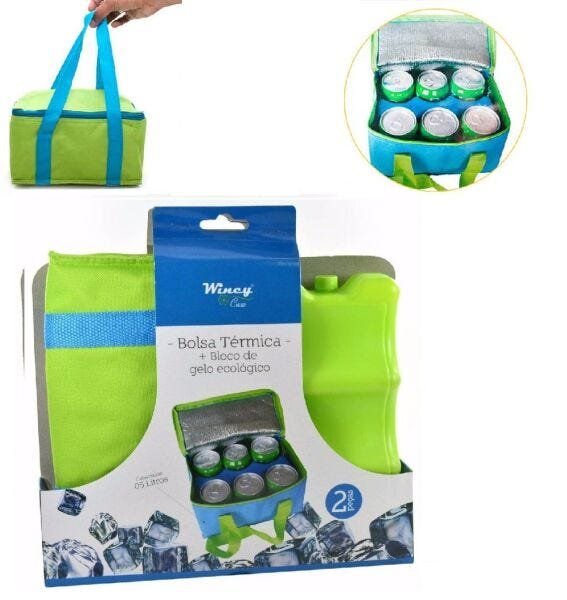 Bolsa Térmica 5 Litros Cabe 6 Latinhas + Bloco de Gelo Ecológico 23 x 15 x 12,5cm - Verde Fluorescen - 1