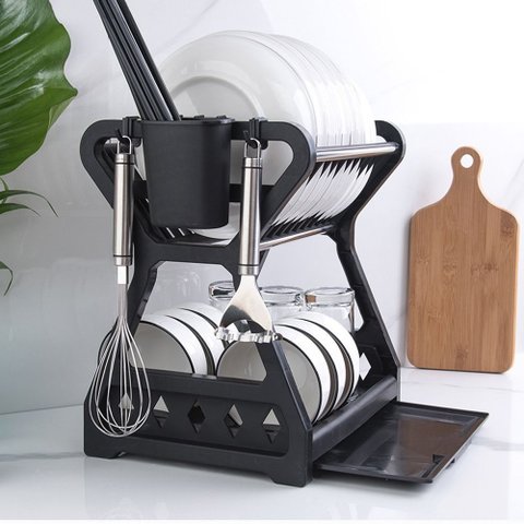 Kit Completo 2 Níveis Escorredor Louça Cesto Retrátil Multiuso Elashopp Preto