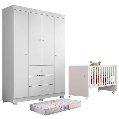 Berço Nacional Doce Sonho 3540 e Guarda Roupa Duda 4 Portas Branco Brilho com Colchão Gazin – Phoeni