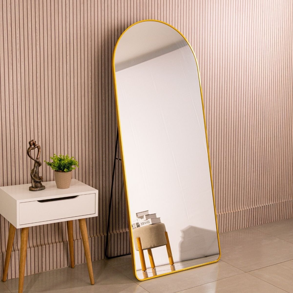 Espelho Grande Oval Base Reta com Moldura Metal Corpo Inteiro 170 X 70 Cm C/suporte de Chão
