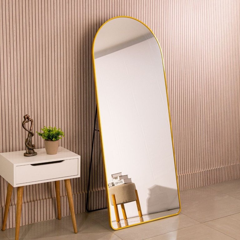 Espelho Grande Oval Base Reta com Moldura Metal Corpo Inteiro 170 X 70 Cm C/suporte de Chão