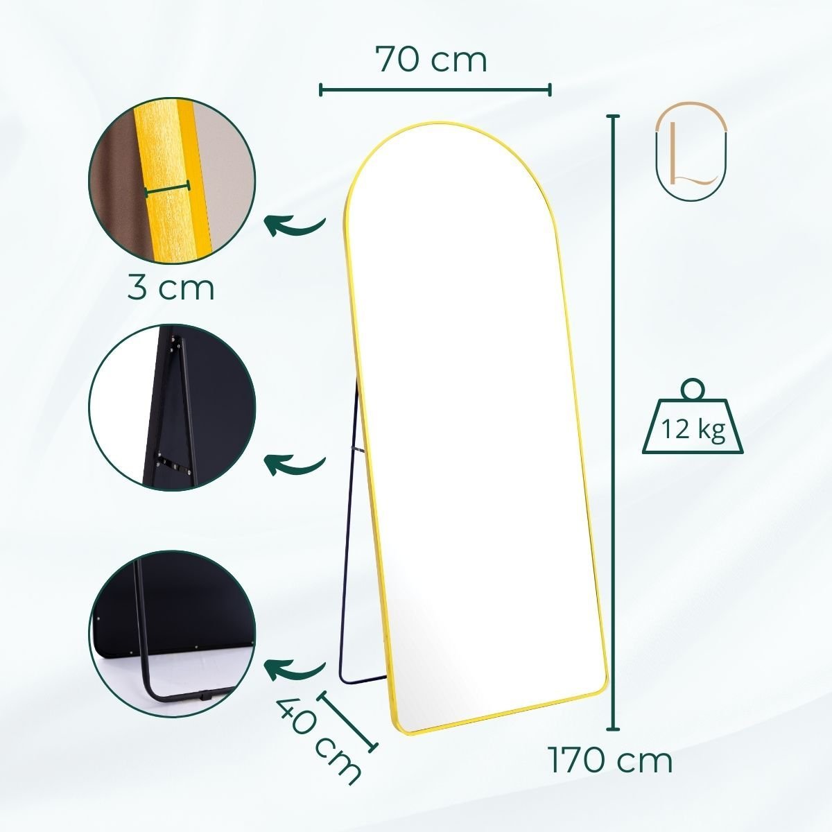 Espelho Grande Oval Base Reta com Moldura Metal Corpo Inteiro 170 X 70 Cm C/suporte de Chão - 6