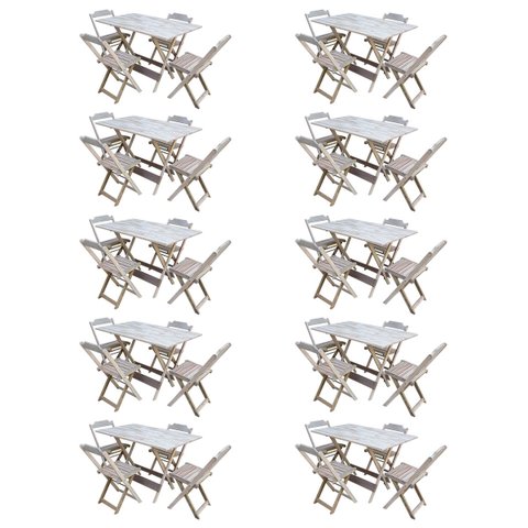 Kit 10 Conjuntos de Mesa com 4 Cadeiras de Madeira Dobrável 120x70 sem Pintura/Crua