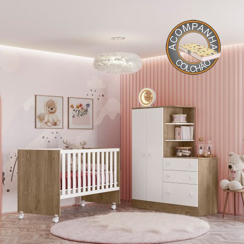 Quarto de Bebê Doce Sonho com Roupeiro e Berço Carvalho Branco Qmovi + Colchão Gazin