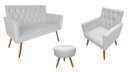 Ver imagem 1 de Kit Namoradeira + 1 Poltrona Decorativa Nina Capitonê + Puff Redondo Couro Branco Pés Madeira Mz Dec